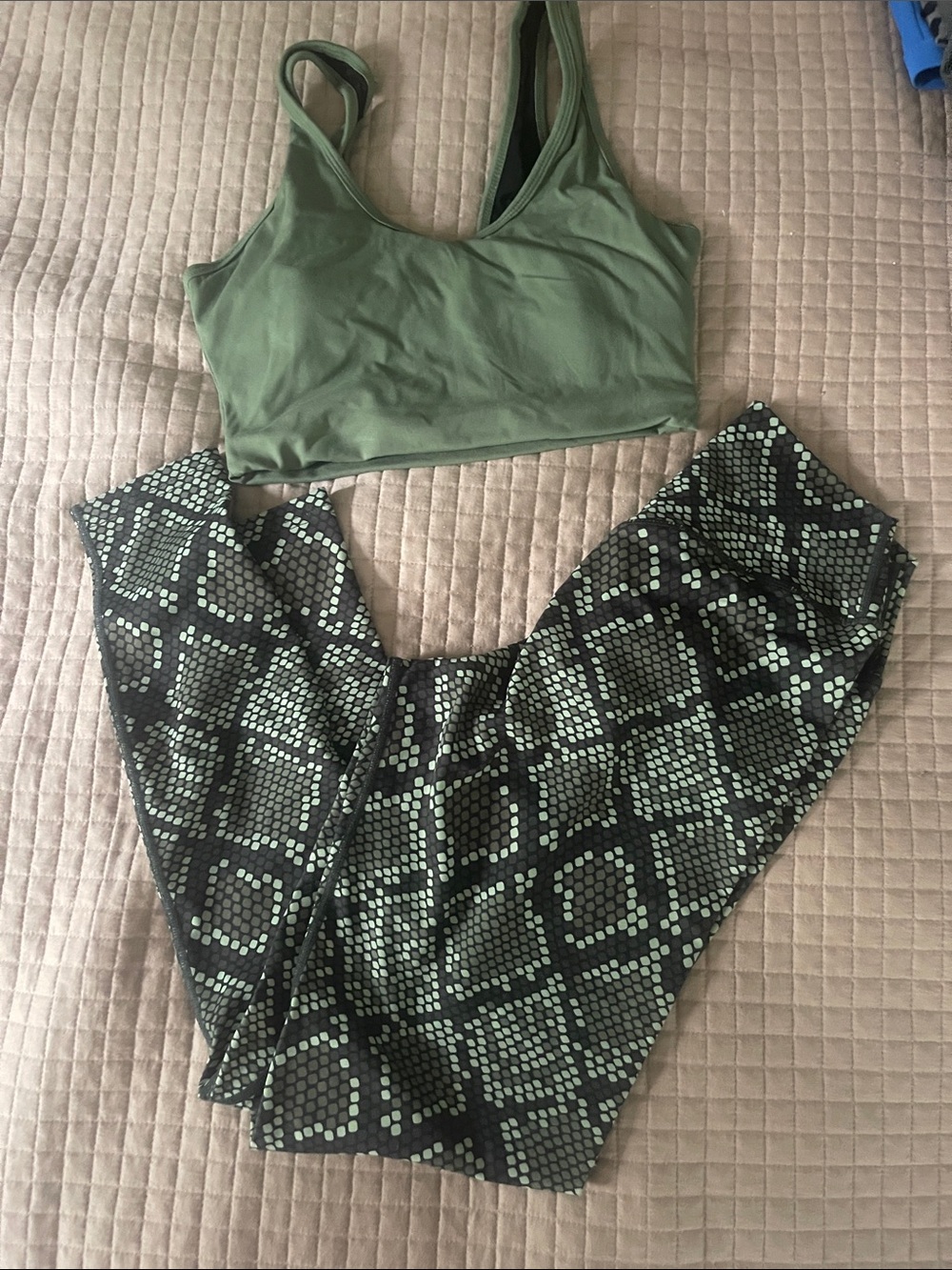 Balance Athletica Olive Green Sports Bra and Black Olive Snake-Print Leggings